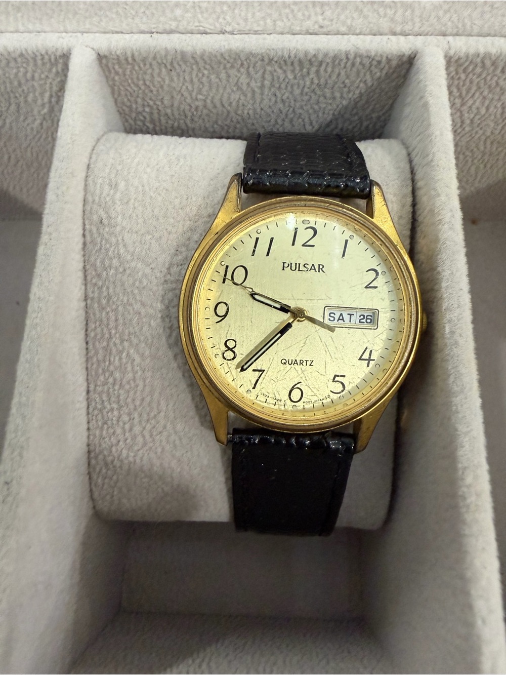 Pulsar Gold-Tone Dial Men's Watch with Black Leather Strap
